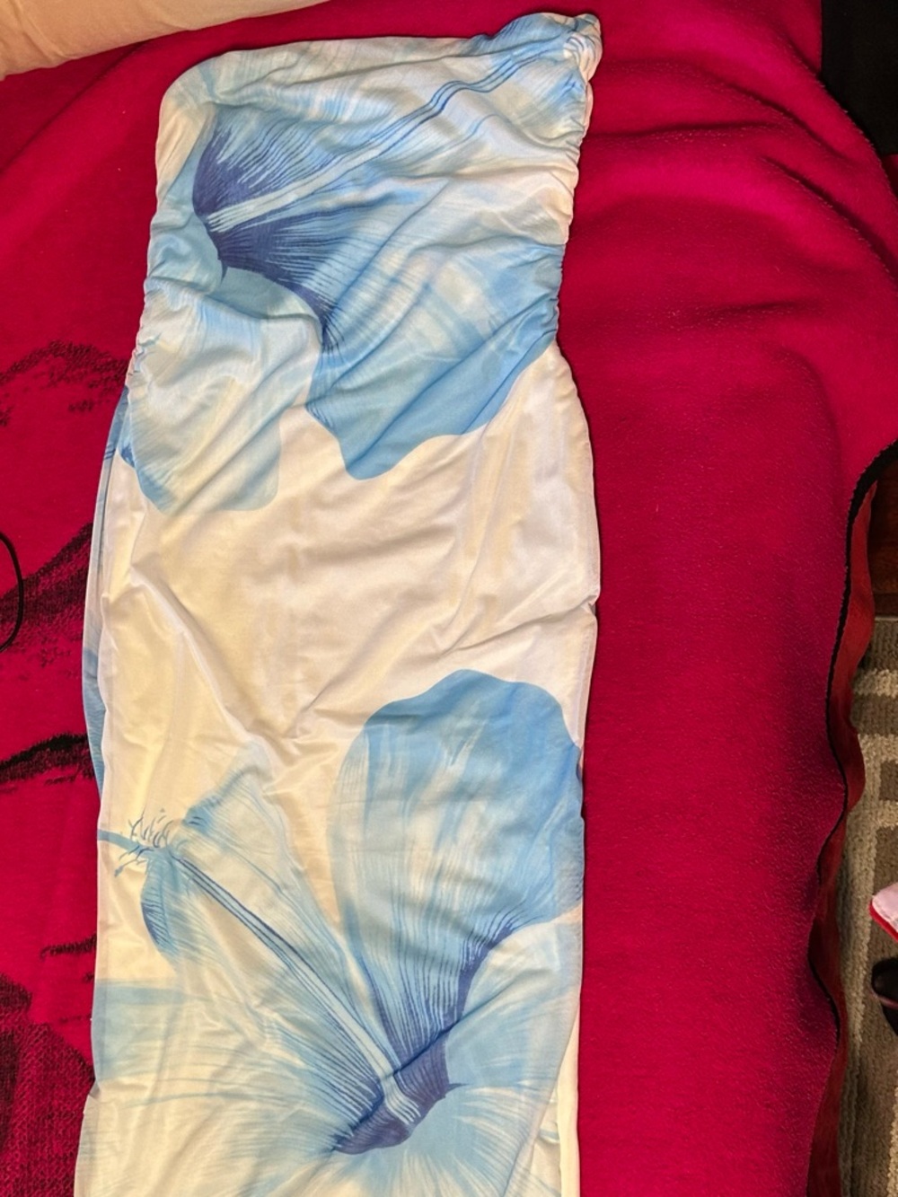 Amazon White Strapless Maxi Dress with Light Blue Floral Print - Picture 2 of 3